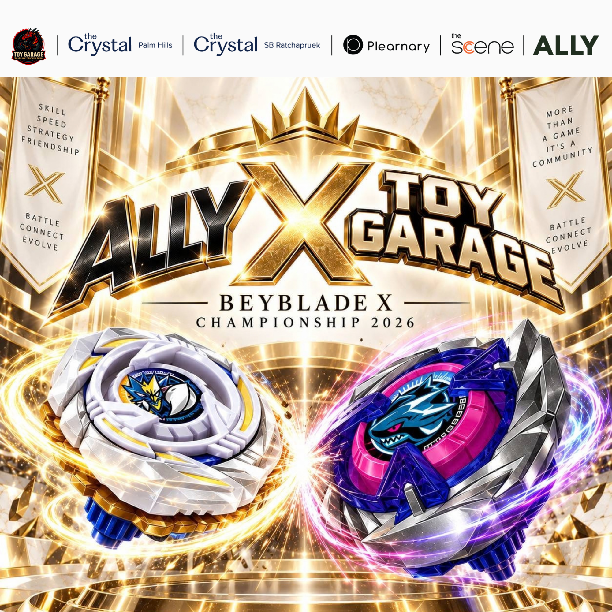 ALLY × TOY GARAGE Beyblade X Championship 2026 ภาพเบย์เบลดในสนามสีทอง พร้อมโลโก้พันธมิตร